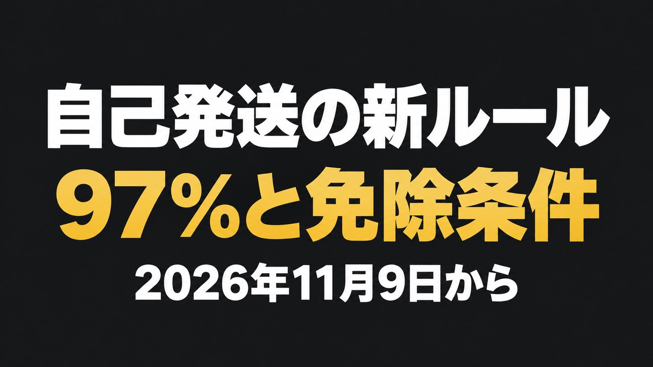 Amazon自己発送の新ルール、期日内配送率97％と免除条件を伝える文字のアイキャッチ